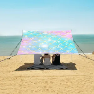 Pink Blue Sparkles Glitter Beach Canopy Tent Anti-UV & Wind Resistant, Rainbow Mermaid Scales Camping Sun Shelter Easy Setup Portable,Outdoor Shade Tents with Sandbags,Sand Shovels,Ground Pegs &