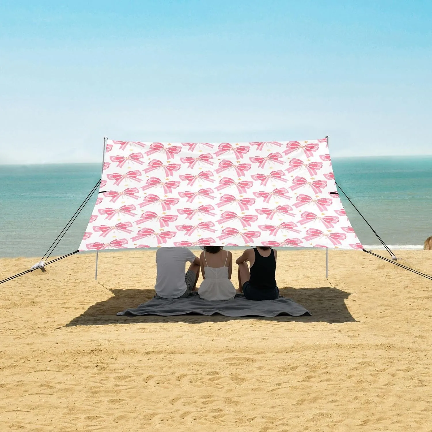 Pink Bows Yellow Stars Beach Camping Tent Sun Shelter for Whole Family, Beach Shade Canopy with UPF50  UV Protection,Easy Set Up and Carry,Outdoor Shade for Trips, Fishing, Backyard Fun Picnics