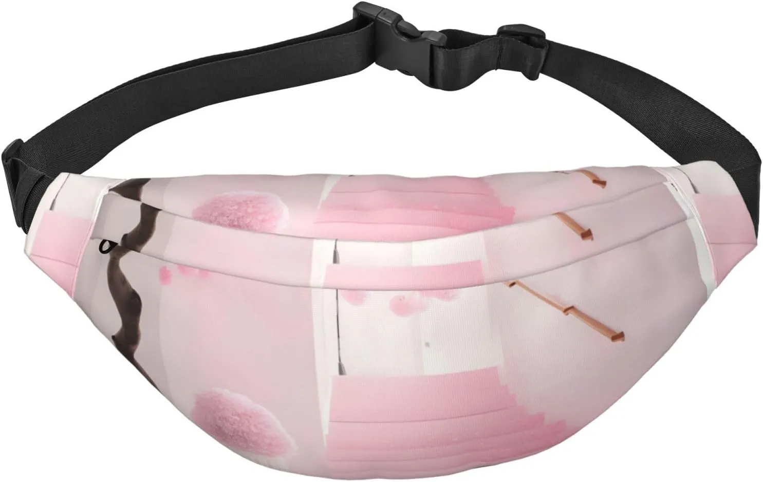 Pink Cherry Blossom Staircase Men'S And Women'S Waist Pack, Crossbody Bag With Adjustable Belt For Running, Traveling, Sports, Hiking