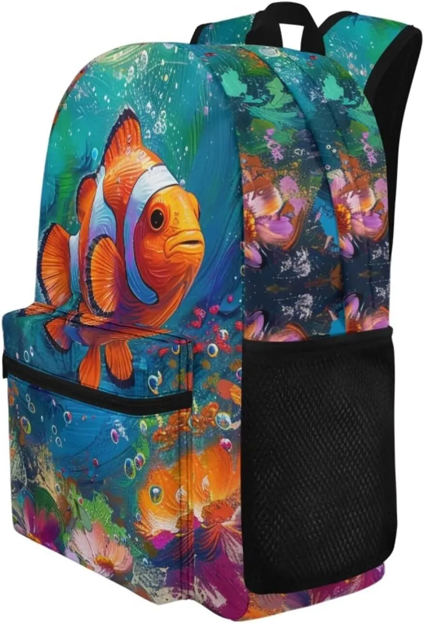 PinUp Angel Cute Clownfish Print Funny Backpack 17 Inch Boys Girls Bookbag for Primary Middle School Backpacks Cute Animal Graphic School Bag