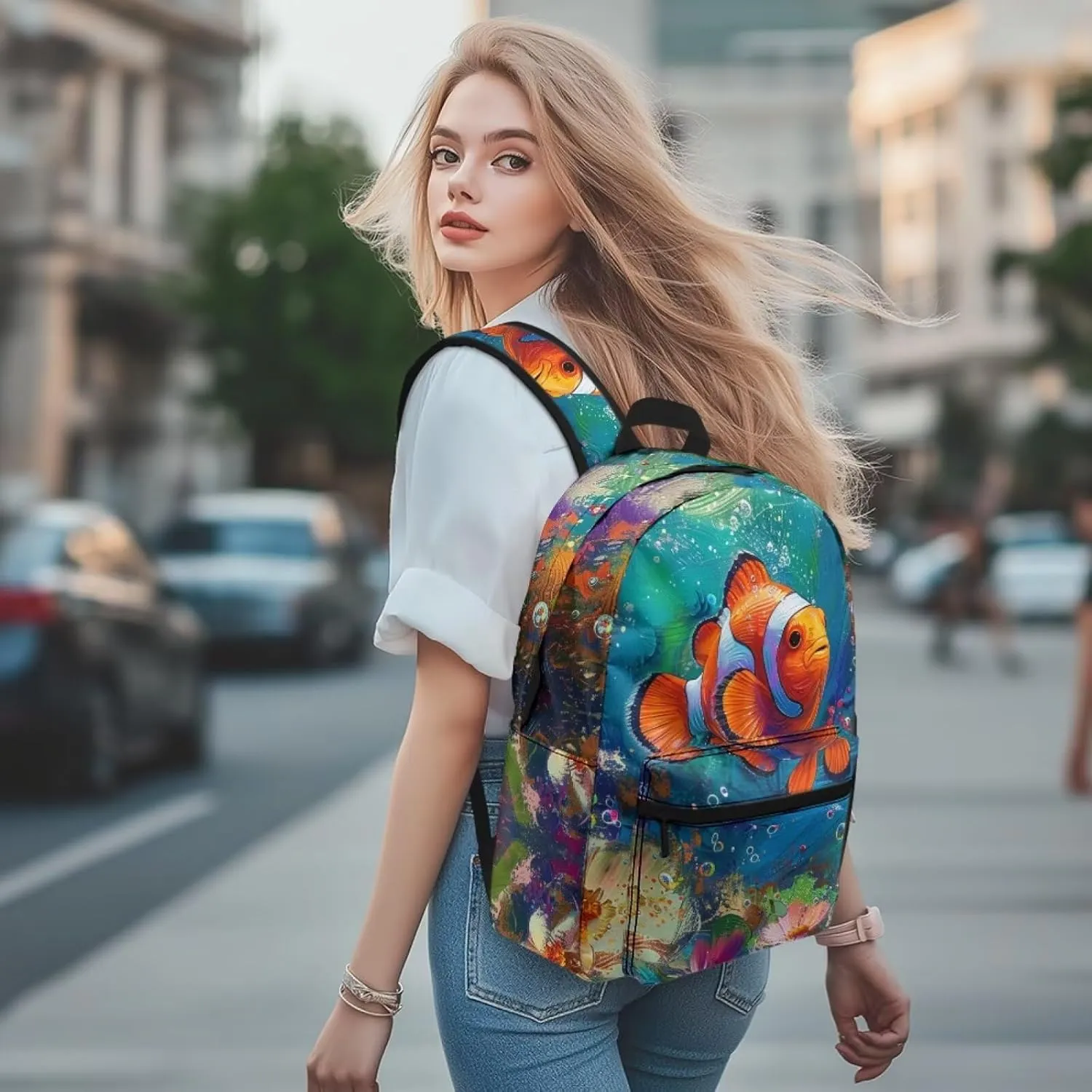 PinUp Angel Cute Clownfish Print Funny Backpack 17 Inch Boys Girls Bookbag for Primary Middle School Backpacks Cute Animal Graphic School Bag