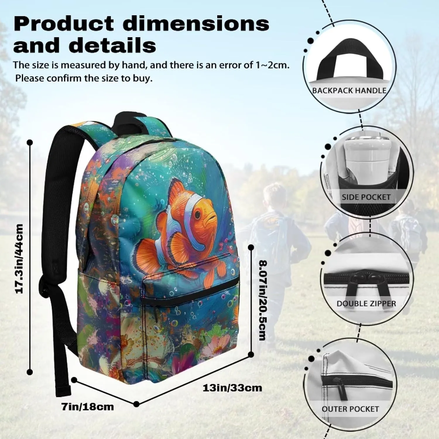PinUp Angel Cute Clownfish Print Funny Backpack 17 Inch Boys Girls Bookbag for Primary Middle School Backpacks Cute Animal Graphic School Bag