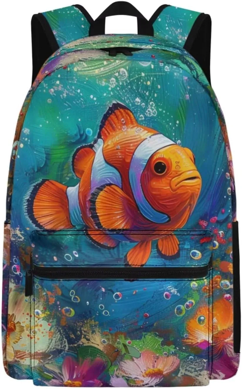 PinUp Angel Cute Clownfish Print Funny Backpack 17 Inch Boys Girls Bookbag for Primary Middle School Backpacks Cute Animal Graphic School Bag