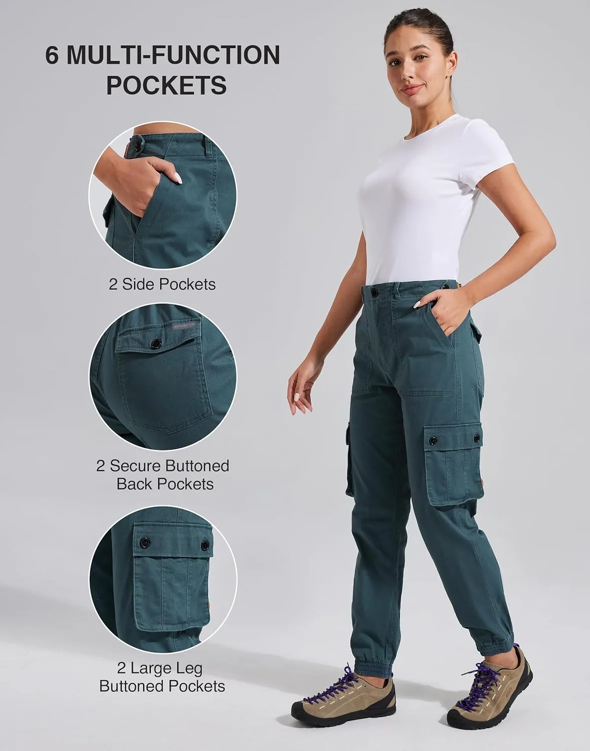 Pioneer Camp Women's Stretchy Cargo Pants with Pockets High-Rise Casual Hiking Cotton Joggers Adjustable Waistband with Belt
