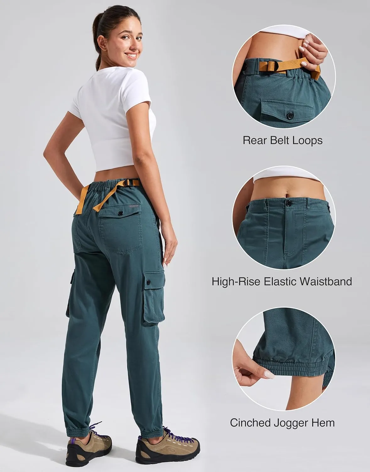 Pioneer Camp Women's Stretchy Cargo Pants with Pockets High-Rise Casual Hiking Cotton Joggers Adjustable Waistband with Belt