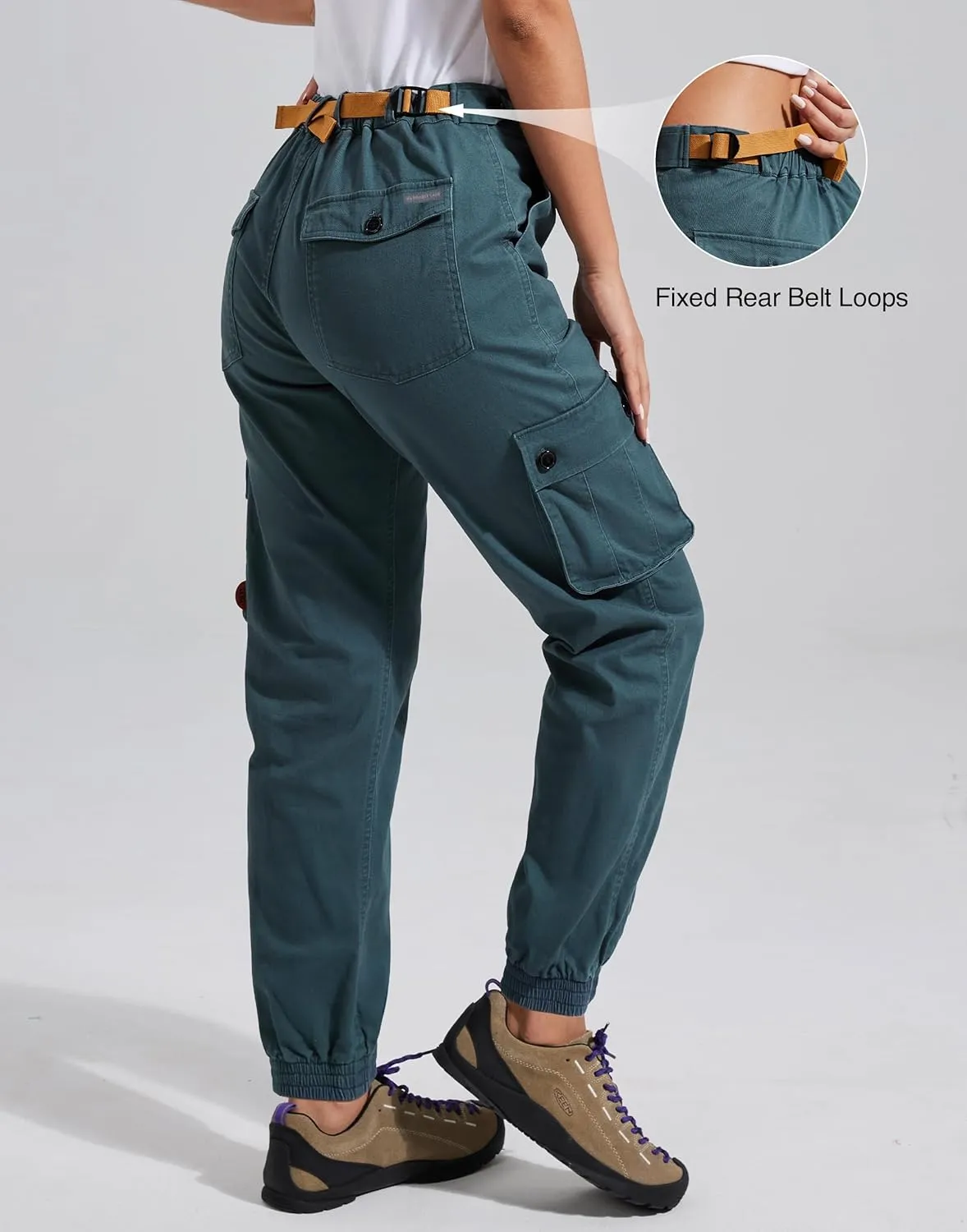 Pioneer Camp Women's Stretchy Cargo Pants with Pockets High-Rise Casual Hiking Cotton Joggers Adjustable Waistband with Belt