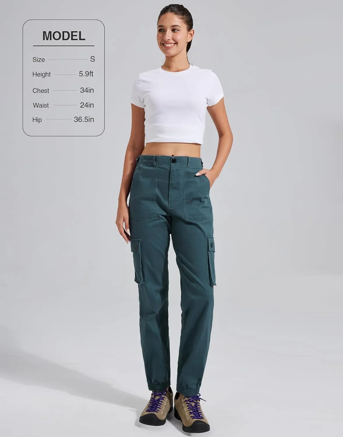 Pioneer Camp Women's Stretchy Cargo Pants with Pockets High-Rise Casual Hiking Cotton Joggers Adjustable Waistband with Belt