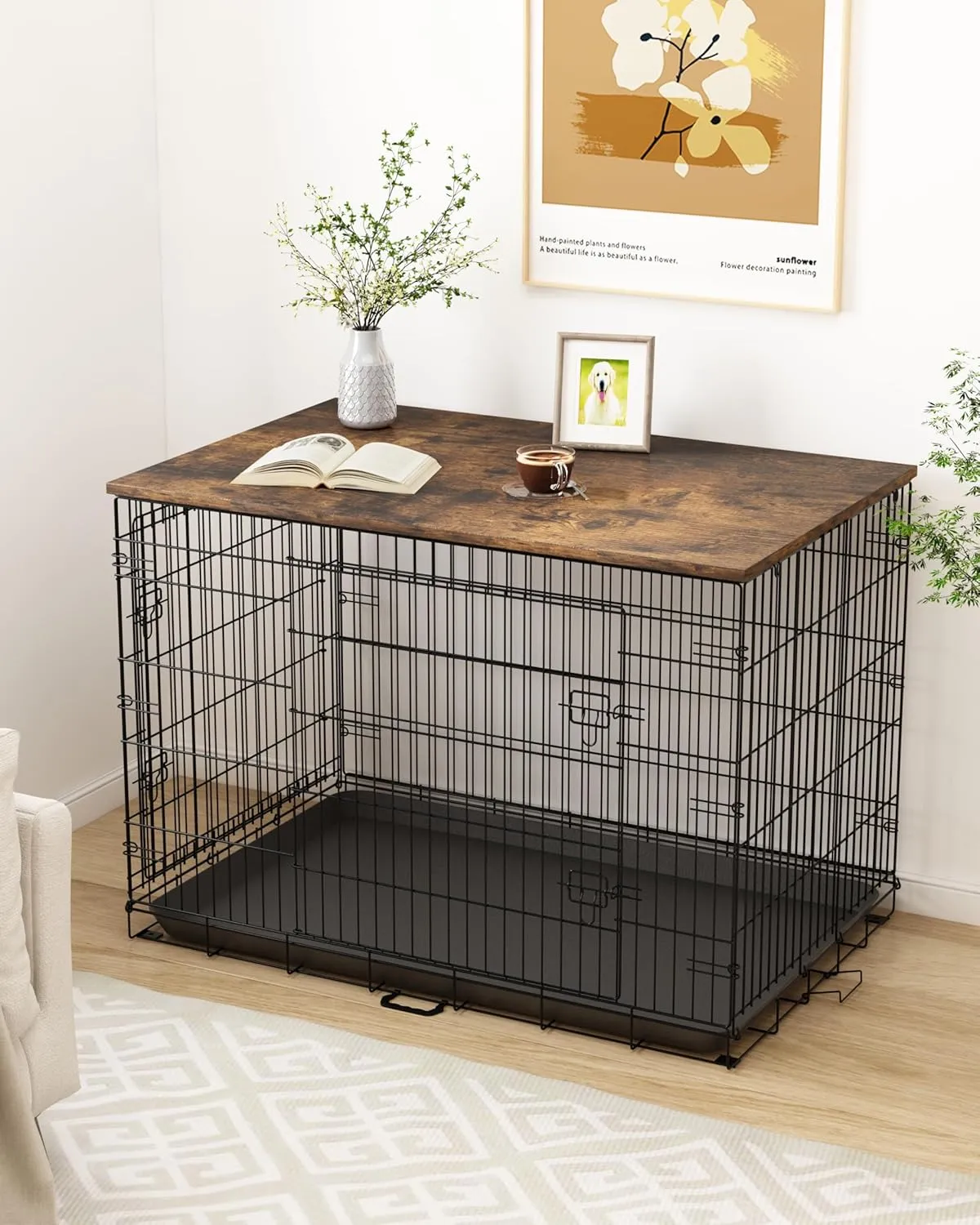 Piskyet Dog Crate Topper Wood Countertop for 48 42 36 30 24 inch Dog Cage, Dog Crate Cover,Dog Kennel Topper(Crate Not Include) (Rustic Brown, for 42 Inch Crate)