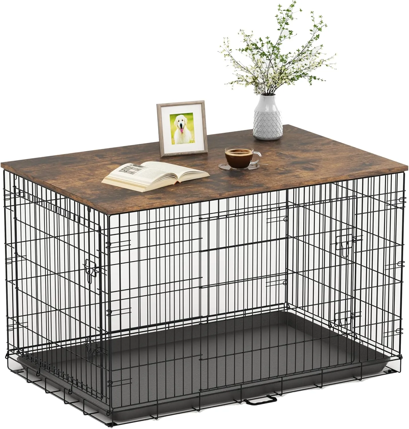Piskyet Dog Crate Topper Wood Countertop for 48 42 36 30 24 inch Dog Cage, Dog Crate Cover,Dog Kennel Topper(Crate Not Include) (Rustic Brown, for 42 Inch Crate)