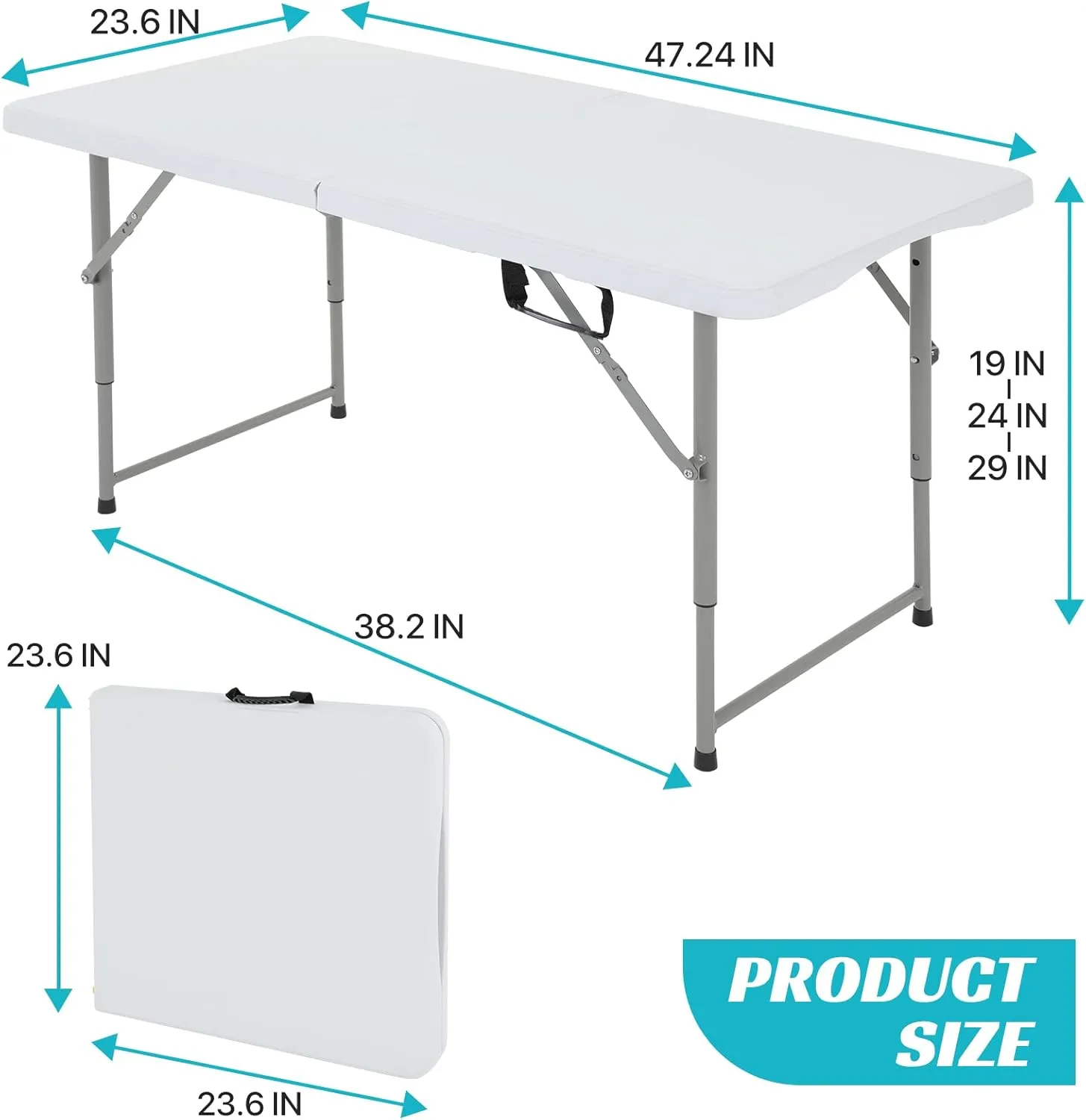 Plastic Folding Table, 4FT, White, Adjustable Height, Indoor/Outdoor, Party Dining, Utility