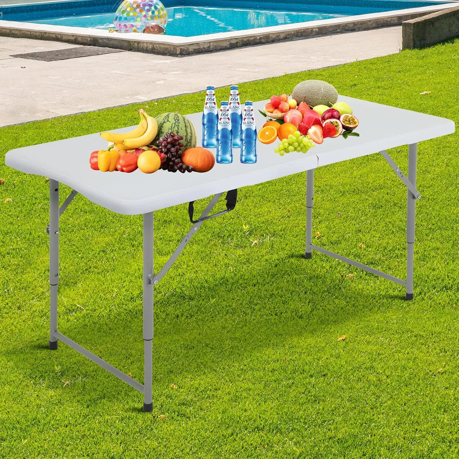 Plastic Folding Table, 4FT, White, Adjustable Height, Indoor/Outdoor, Party Dining, Utility