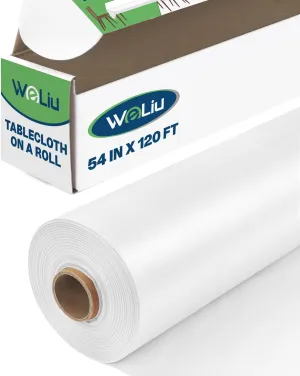 Plastic Table Cover Roll 54 Inch x 120 Feet Disposable Tablecloth, White Table Cloth Roll with Cutter Box for Weddings, Christmas, Thanksgiving, Banquets, Parties
