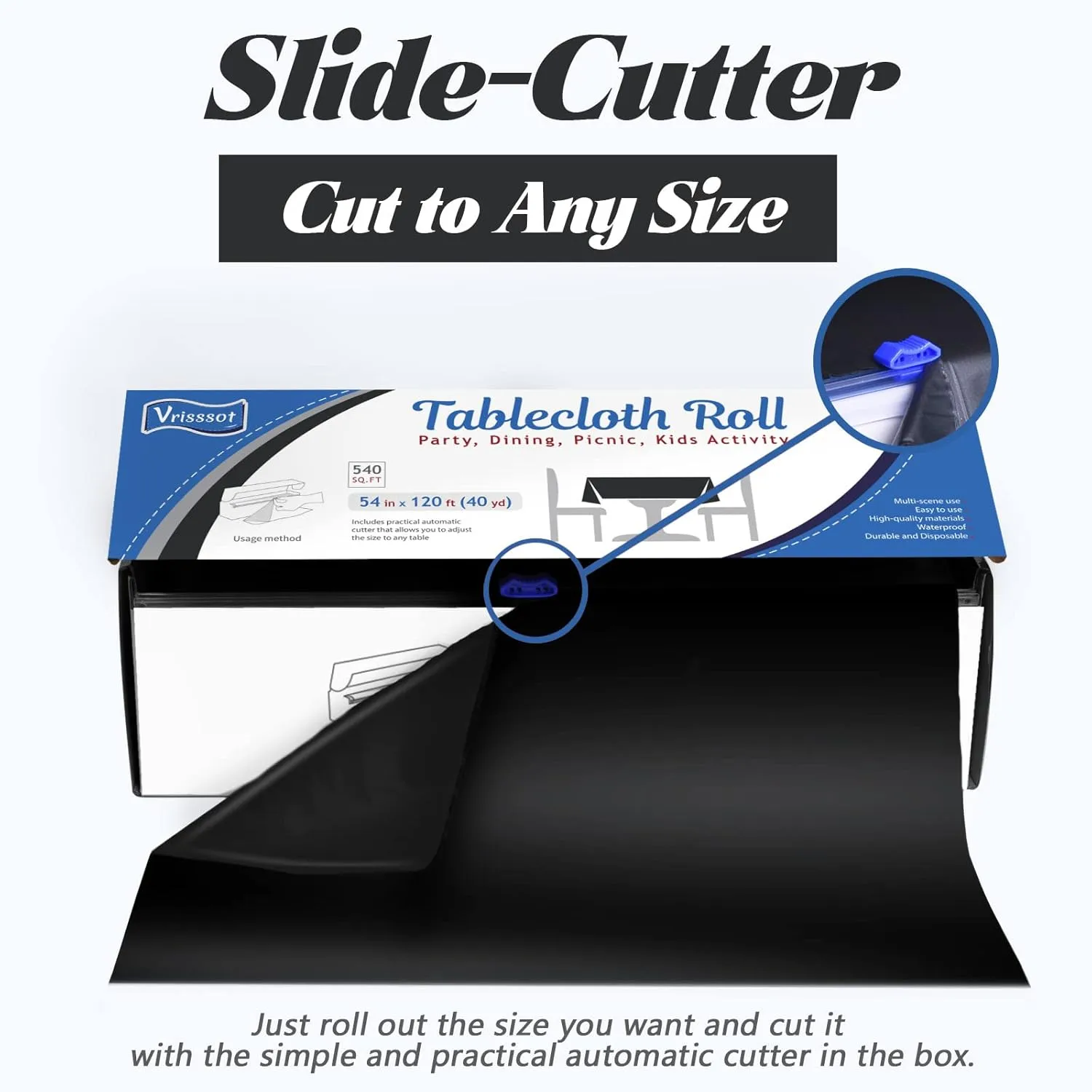 Plastic Table Cover Roll Disposable Tablecloth: 54in X 120ft Table Covers Plastic Table Cover Roll with Easy Slide Cutter Plastic Table Cloths for Parties Disposable-Black