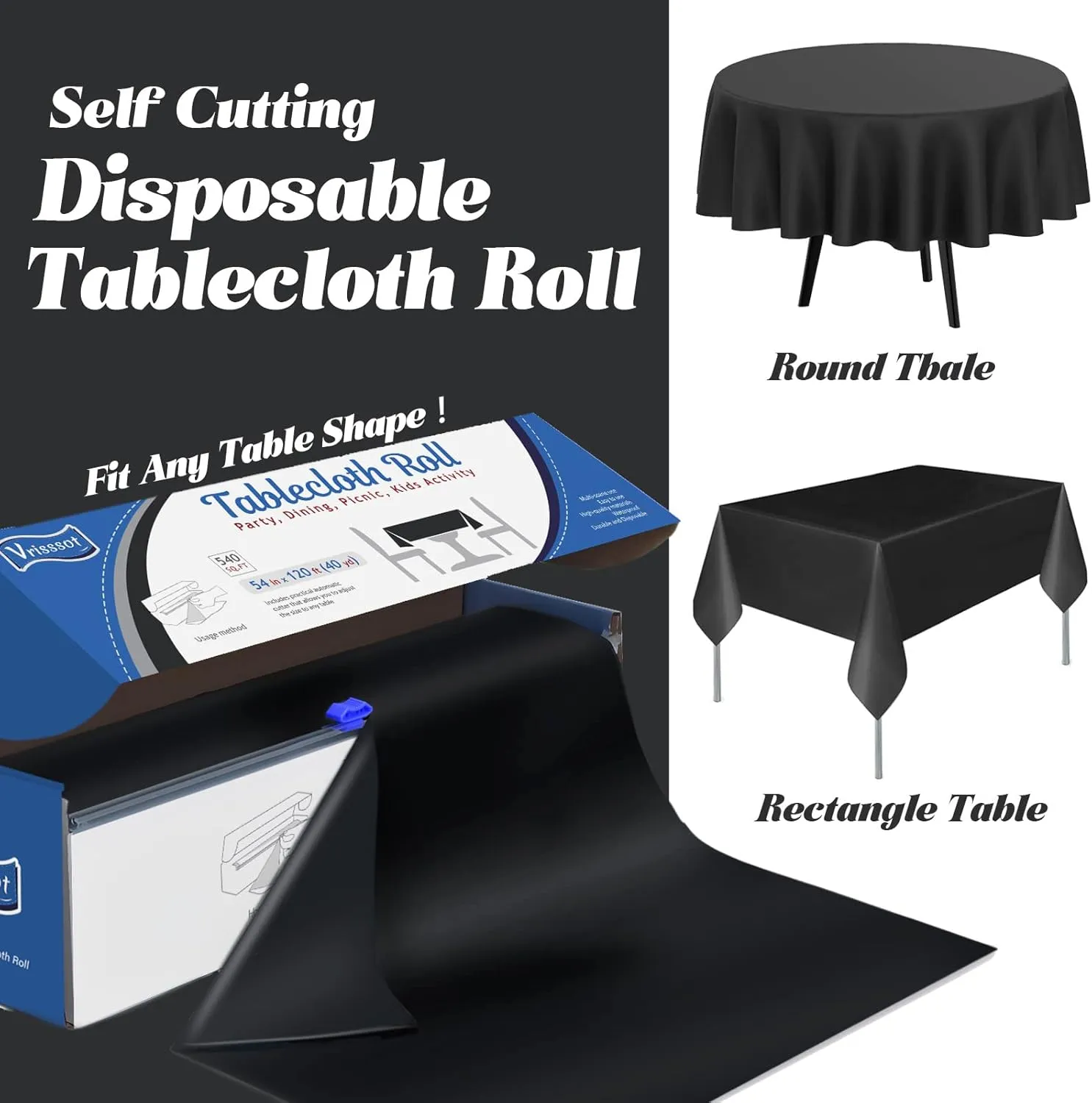 Plastic Table Cover Roll Disposable Tablecloth: 54in X 120ft Table Covers Plastic Table Cover Roll with Easy Slide Cutter Plastic Table Cloths for Parties Disposable-Black