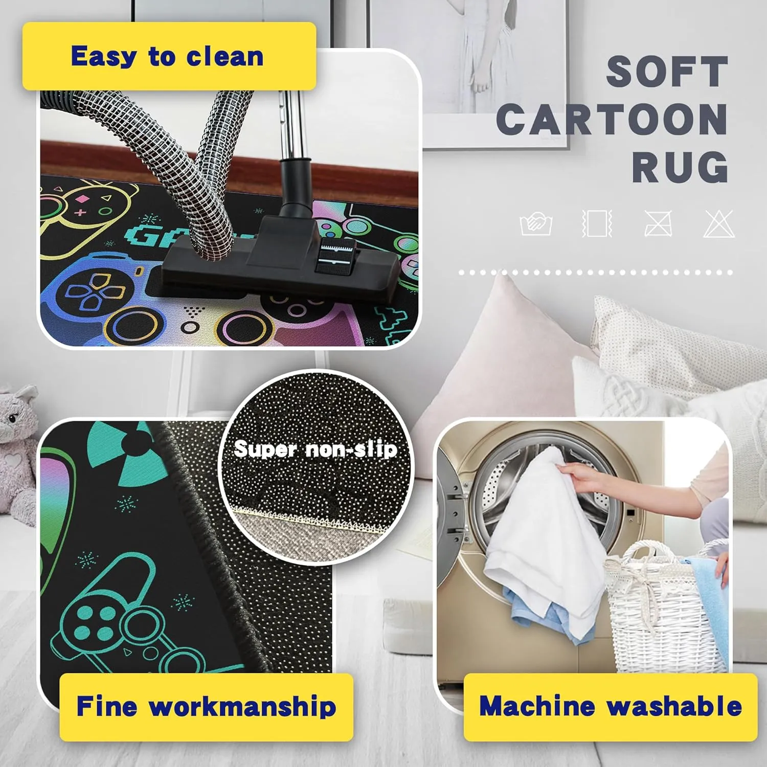Play Gaming Rug for Bedroom Gamer Mat Gamepad for Boys Room 59"x39" for Playroom Decor Washable