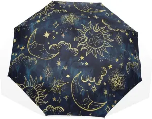 Poeticcity Travel Umbrella, Hand Open Close Windproof Waterproof Folding Umbrella, Black Tape Compact Canopy Strong Anti UV Ray Parasol
