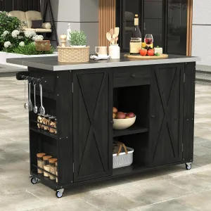 Polibi Outdoor Solid Fir Wood Kitchen Island with Stainless Steel Top,Mobile Outdoor Cart with Barn Doors,Drawer,Hidden Storage Space,Towel and Spice Racks and a Bottle Opener (Black)