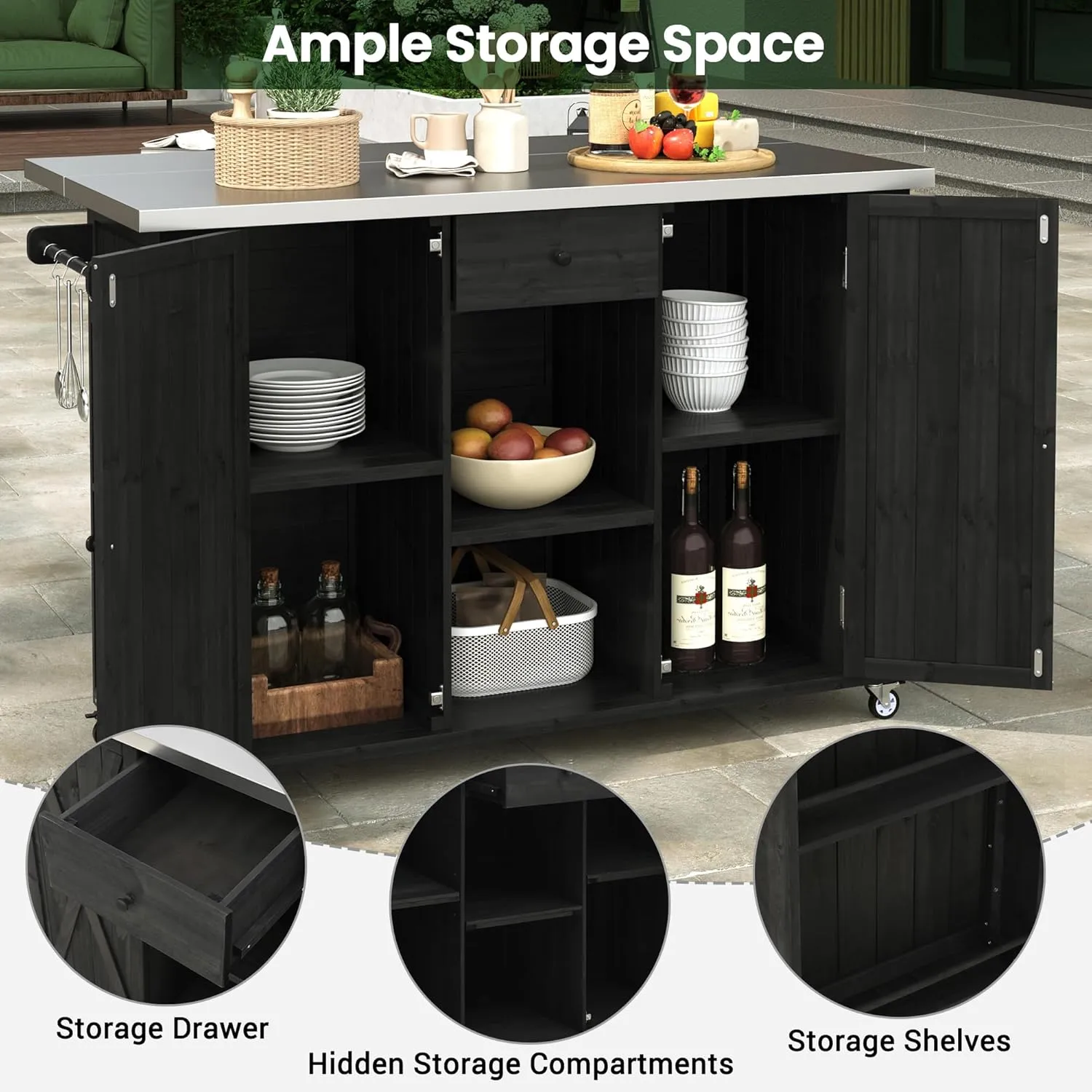 Polibi Outdoor Solid Fir Wood Kitchen Island with Stainless Steel Top,Mobile Outdoor Cart with Barn Doors,Drawer,Hidden Storage Space,Towel and Spice Racks and a Bottle Opener (Black)