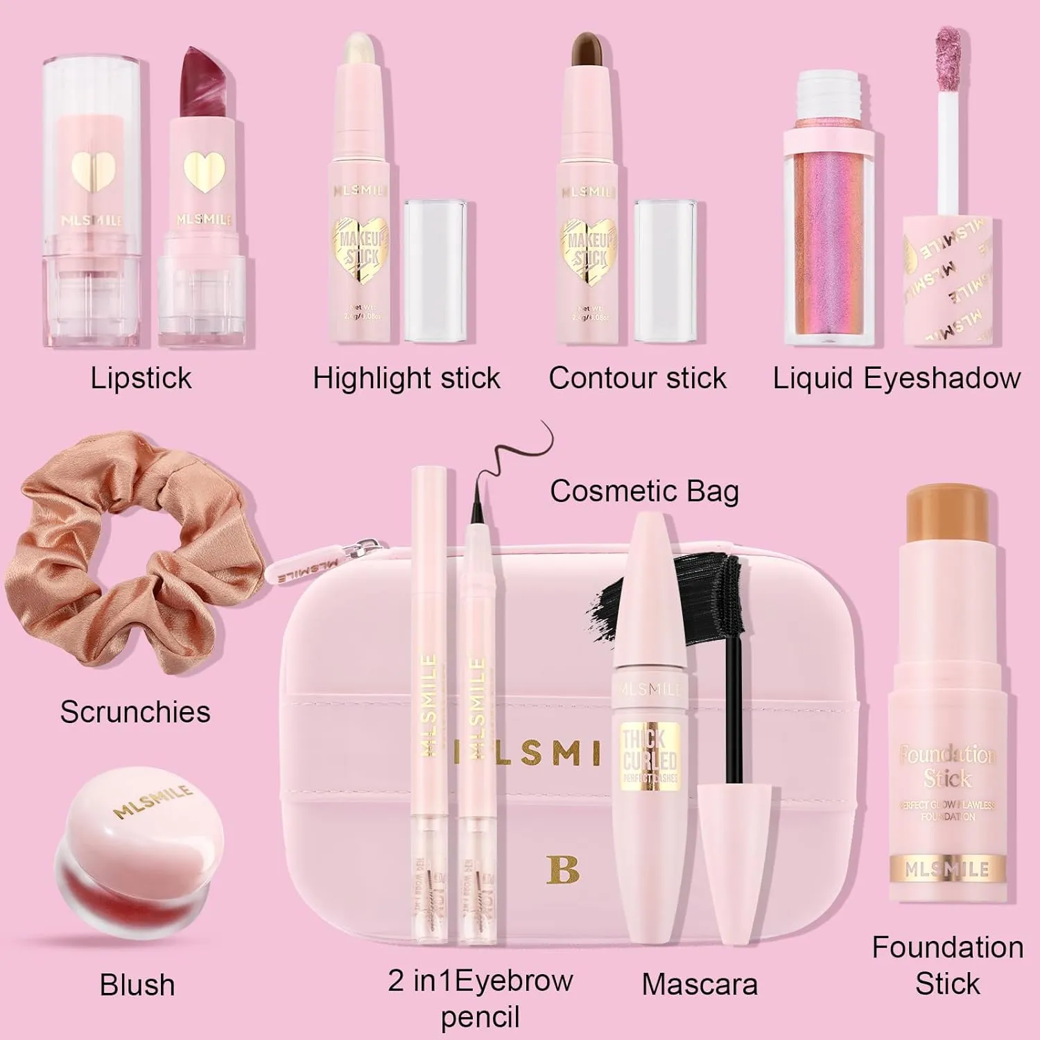 Ponhey All in One Makeup Kit for Women Full Kit,Makeup Gift Set for Beginners. Makeup Kit With Liquid Eyeshadow Lipstick Blush Mascara Eyebrow pencil Pink Cosmetic Bag