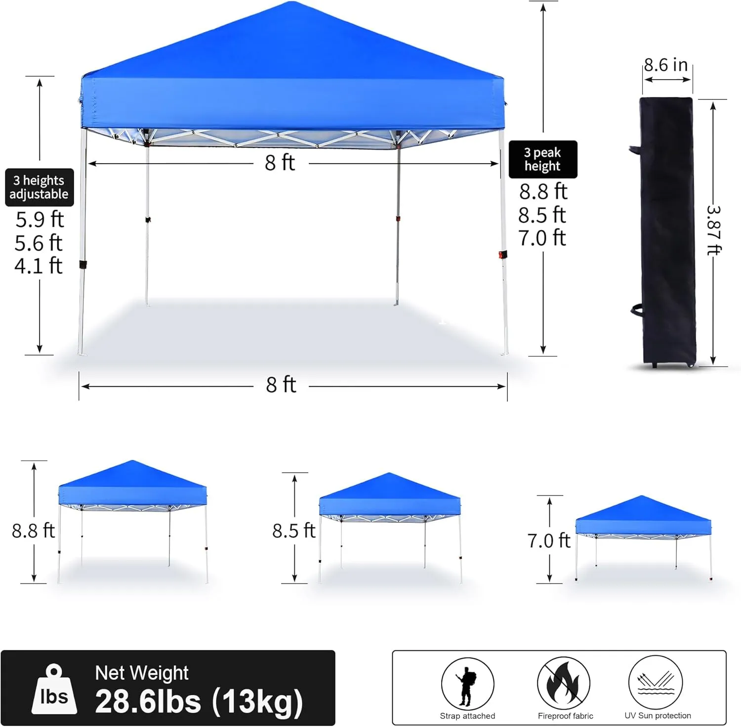 Pop Up Canopy 8X8 FT,Portable Sun Instant Shelter w/Backpack Bag,Waterproof,Adjustable Straight Leg Heights Canopies,Outdoor Tents for Parties,Camping,Commercial Event,Blue