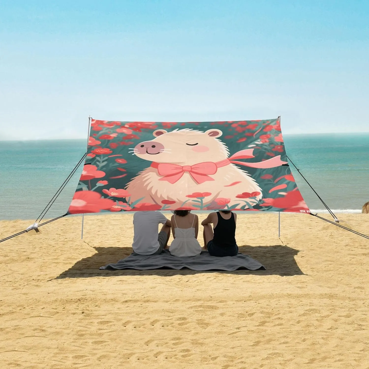 Poppy Flowers Capybara Beach Camping Tent Sun Shelter for Whole Family, Beach Shade Canopy with UPF50  UV Protection,Easy Set Up and Carry,Outdoor Shade for Trips, Fishing, Backyard Fun Picnics