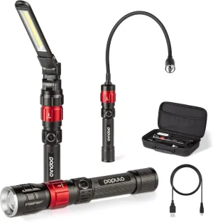 populo 3 in 1 Led Work Lights with Magnetic Base, LED Flashlight with Flexible Gooseneck and Slim Bar Light, 400 Lumens Rechargeable Flashlights for Household, Camping and Car
