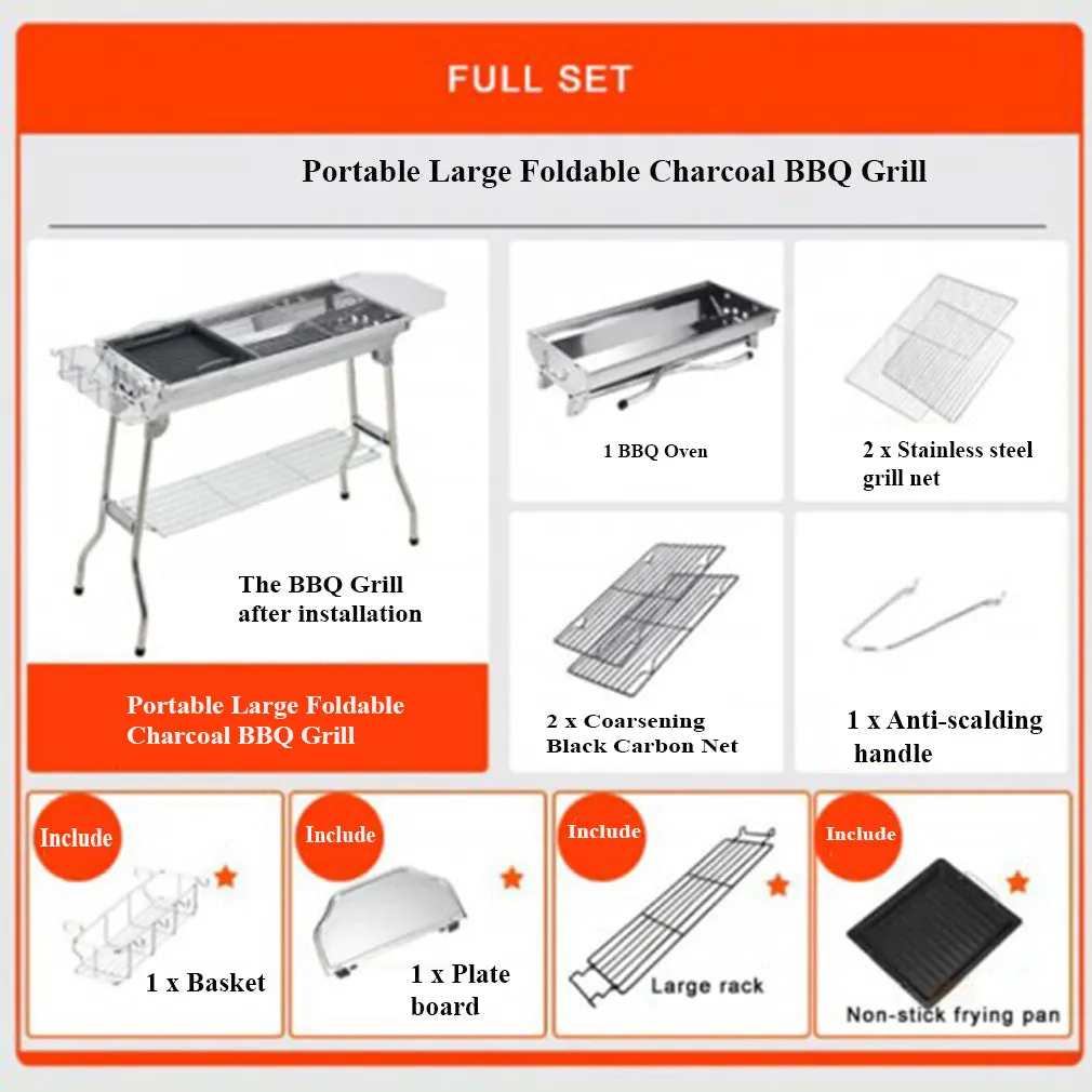 Portable BBQ Large Foldable Charcoal Grill For Outdoor Grilling, Picnic, Patio And Backyard Barbecue with Carry Bag