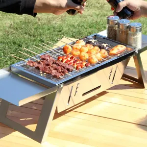 Portable Camping BBQ Grill 3 Hight Adjustable Stainless Steel Folding Charcoal Stove with Grill Gloves Carry Bag Portable Camping Stove Portable Grill Camping Grill Portable