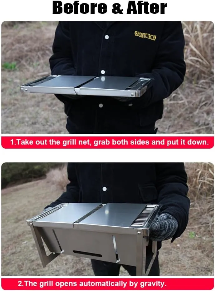 Portable Camping BBQ Grill 3 Hight Adjustable Stainless Steel Folding Charcoal Stove with Grill Gloves Carry Bag Portable Camping Stove Portable Grill Camping Grill Portable