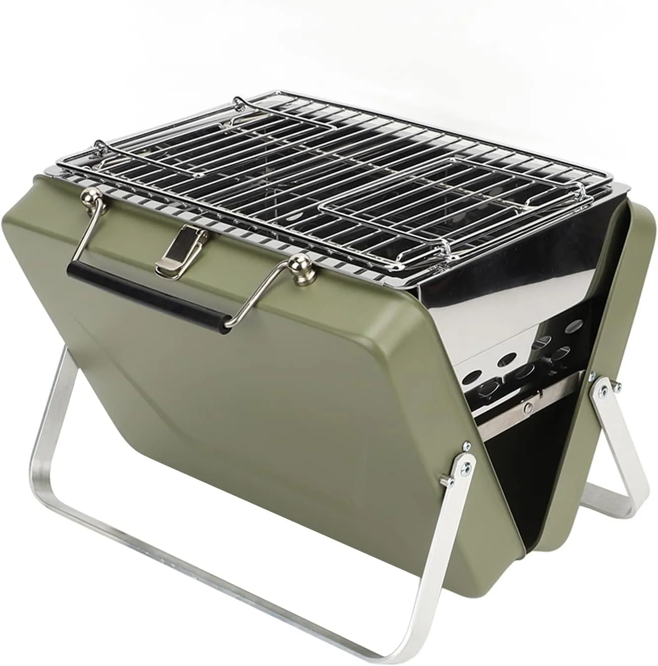 Portable Charcoal BBQ Grill, Proof and Non Stick Grill Net, Temp, to Use and Carry, for Camping, Outdoor Cooking, and Backyard Picnics (Green)