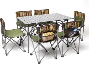 Portable Foldable Table and Chairs, Aluminum Table Top Small Picnic Table Camping Chair Set with Mesh Bag, Carrying Bag, for Hiking RV Travel, Military green 7 pcs