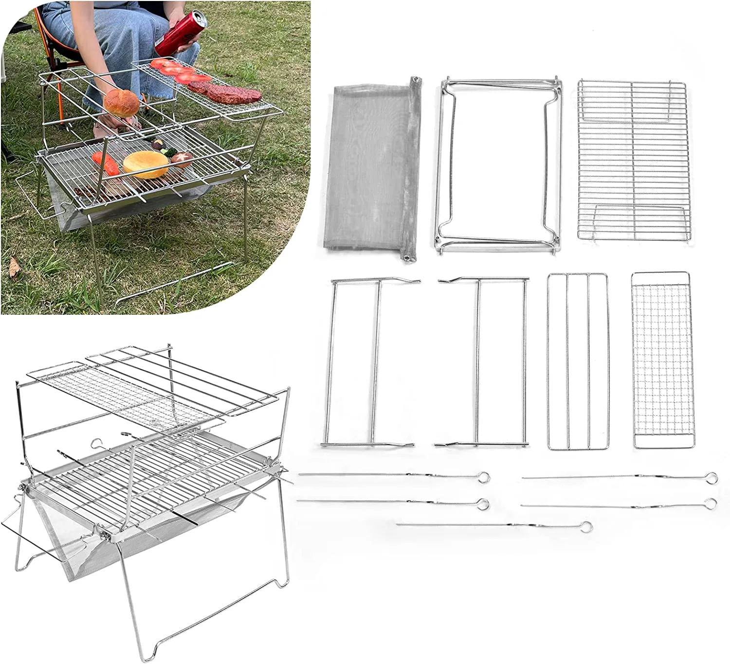 Portable Folding BBQ Charcoal Grill Stainless Steel for Picnic, Camping and Backyard Barbecue
