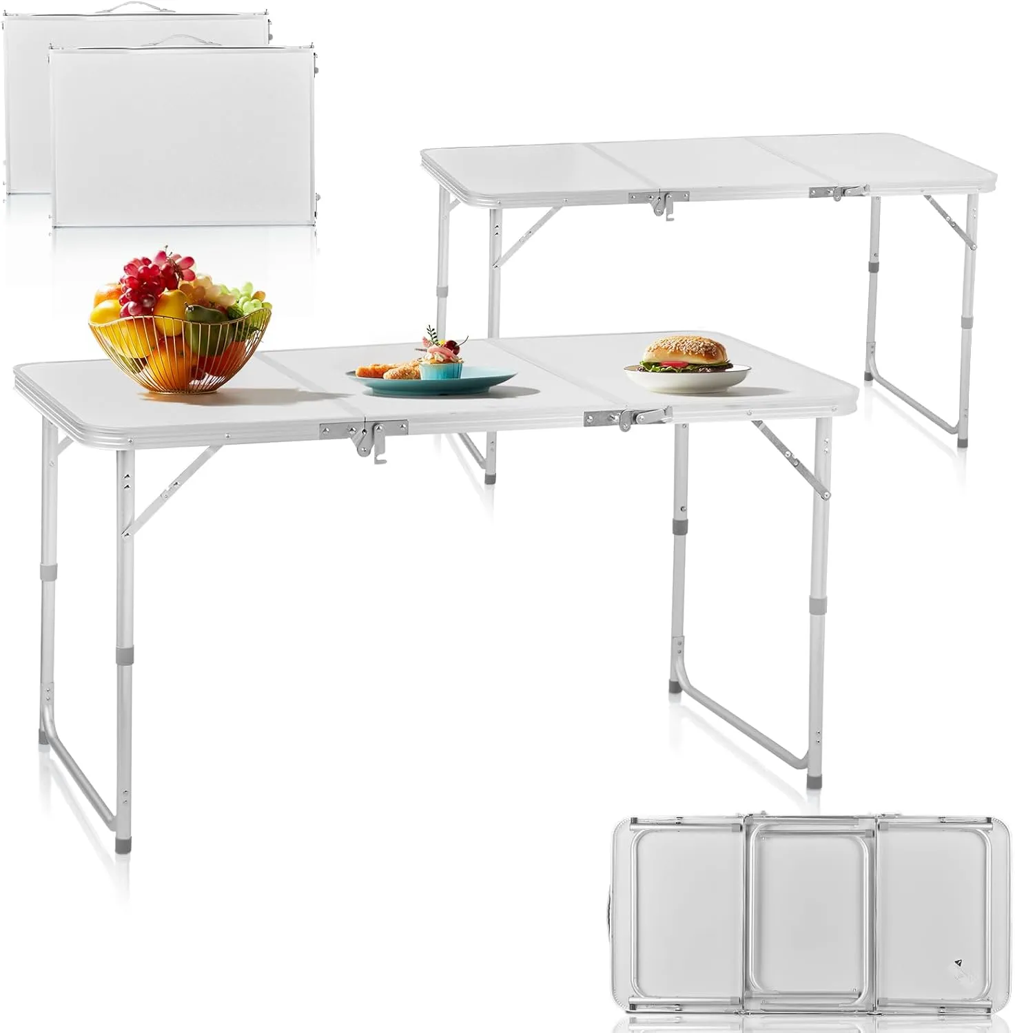 Portable Folding Camping Table, Outdoor Waterproof Adjustable Height Table, Aluminum Lightweight Suitcase Foldable Camp Table for Picnic BBQ Beach Dining (White, 4 FT)