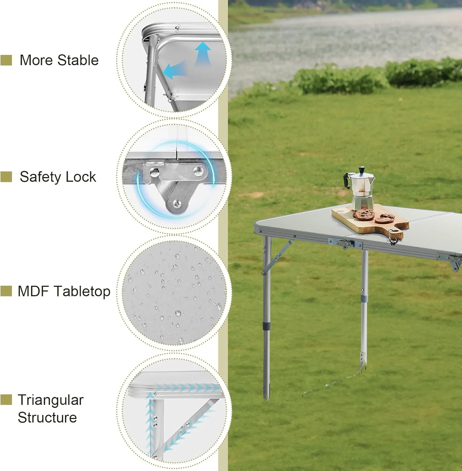 Portable Folding Camping Table, Outdoor Waterproof Adjustable Height Table, Aluminum Lightweight Suitcase Foldable Camp Table for Picnic BBQ Beach Dining (White, 4 FT)