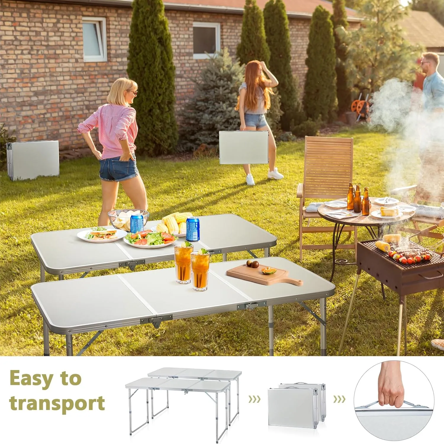 Portable Folding Camping Table, Outdoor Waterproof Adjustable Height Table, Aluminum Lightweight Suitcase Foldable Camp Table for Picnic BBQ Beach Dining (White, 4 FT)