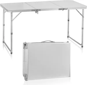 Portable Folding Camping Table, Outdoor Waterproof Adjustable Height Table, Aluminum Lightweight Suitcase Foldable Camp Table for Picnic BBQ Beach Dining (White, 4 FT)