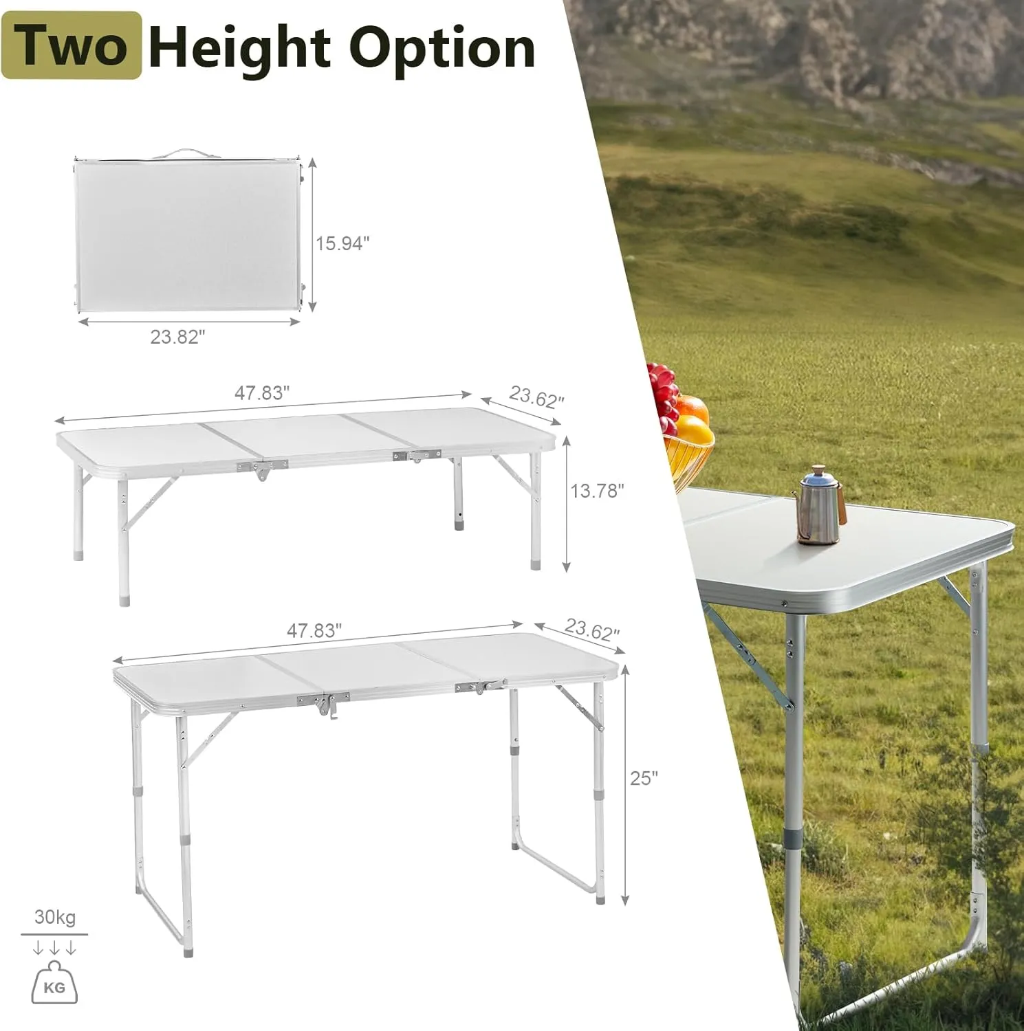 Portable Folding Camping Table, Outdoor Waterproof Adjustable Height Table, Aluminum Lightweight Suitcase Foldable Camp Table for Picnic BBQ Beach Dining (White, 4 FT)