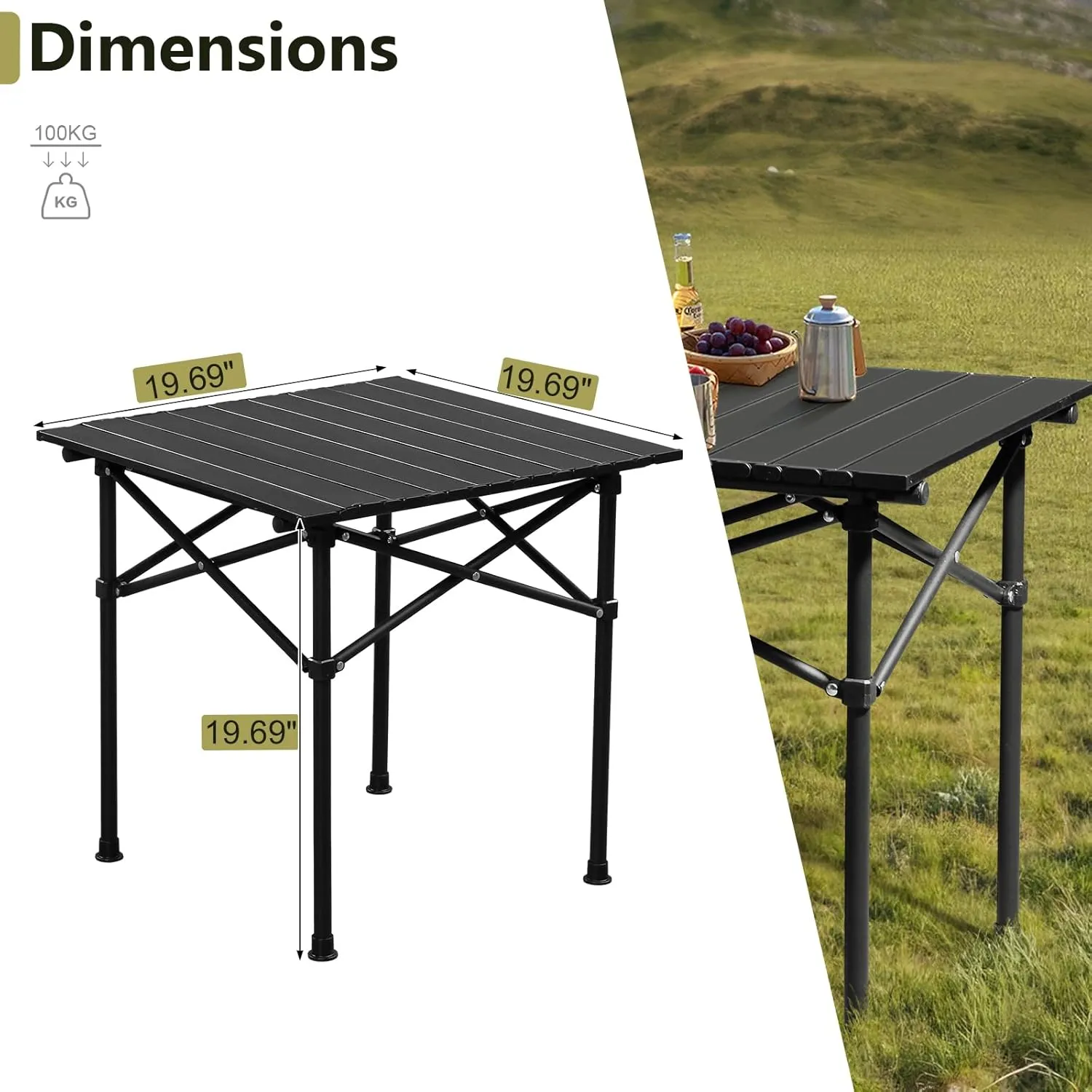 Portable Folding Camping Tables for 2-4 Persons,Square Roll-up Patio Table Camp Ultralight Collapsible Outdoor Side Tables Beach Table with Storage Carry Bag for Travel Hiking Backyard BBQ Party