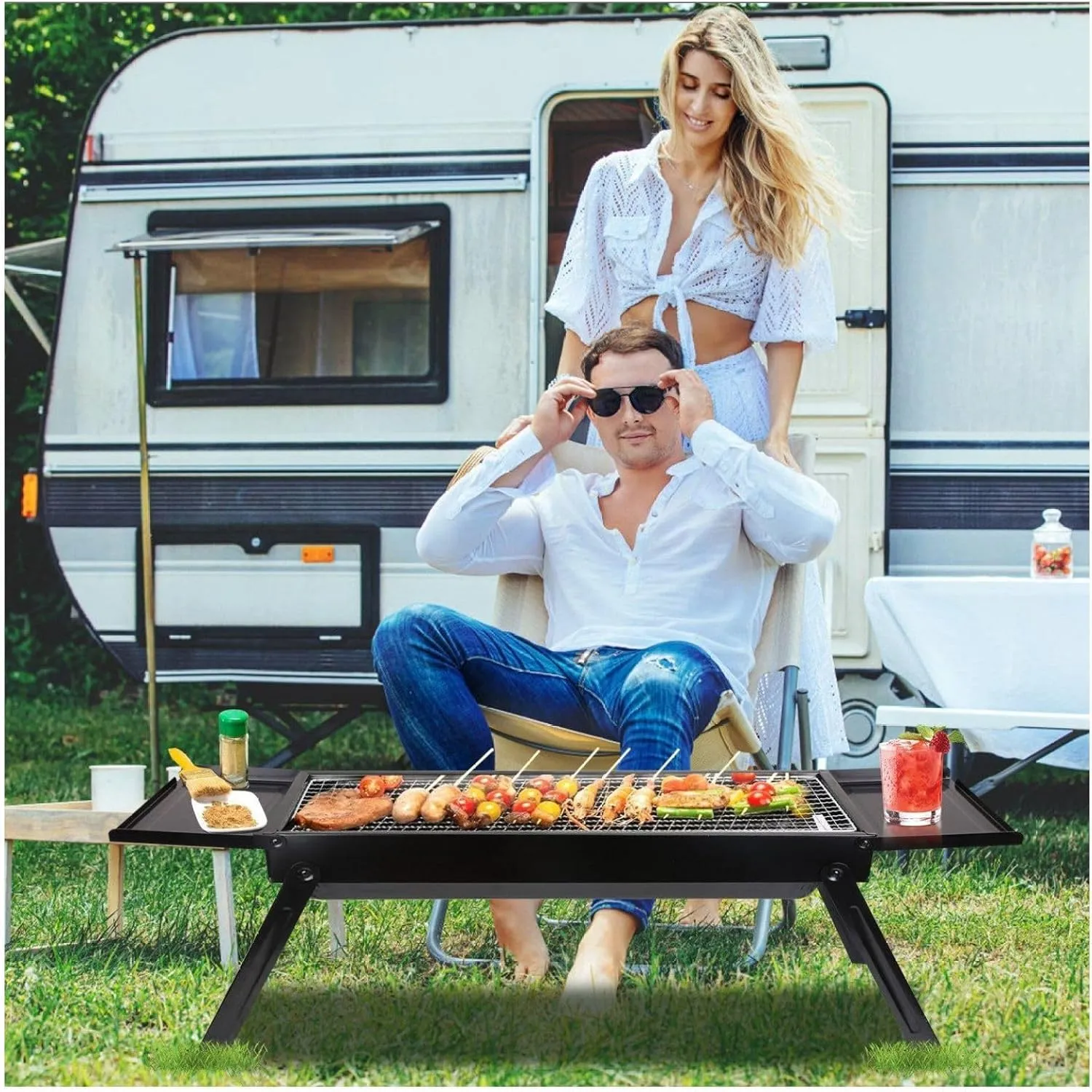 Portable Folding Charcoal BBQ Grill with Stainless Steel Net, Compact Lightweight for Camping Picnics Backyard Outdoor Cooking