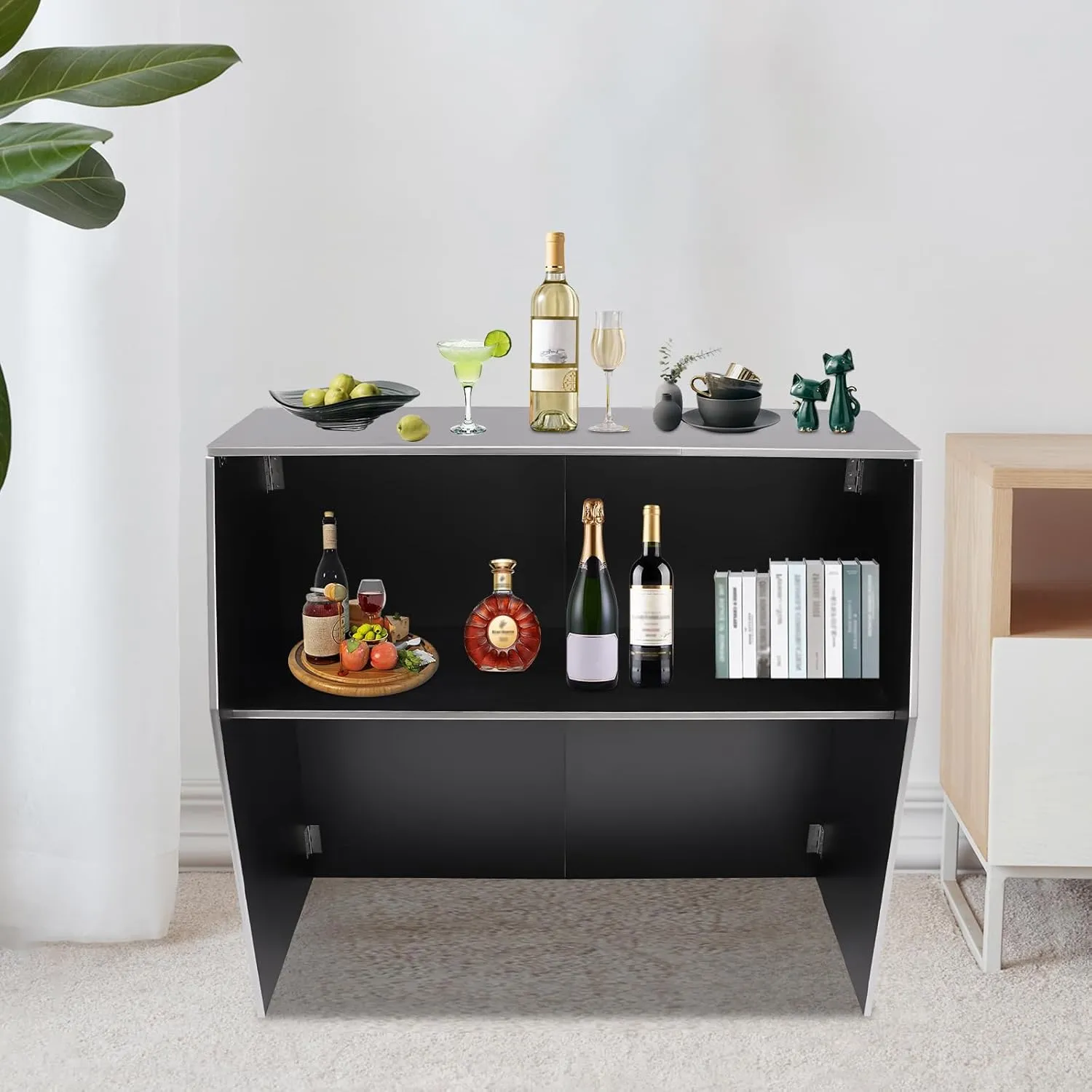 Portable Folding Event Bar with Top & Middle Shelves – Mobile Foldable Bar Cabinet for Parties, Events, and Home Use, Black   Aluminum Edge   Laminate
