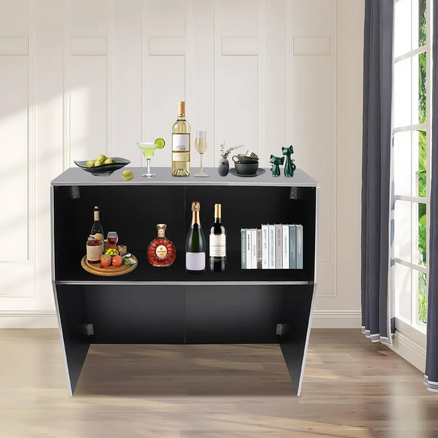 Portable Folding Event Bar with Top & Middle Shelves – Mobile Foldable Bar Cabinet for Parties, Events, and Home Use, Black   Aluminum Edge   Laminate