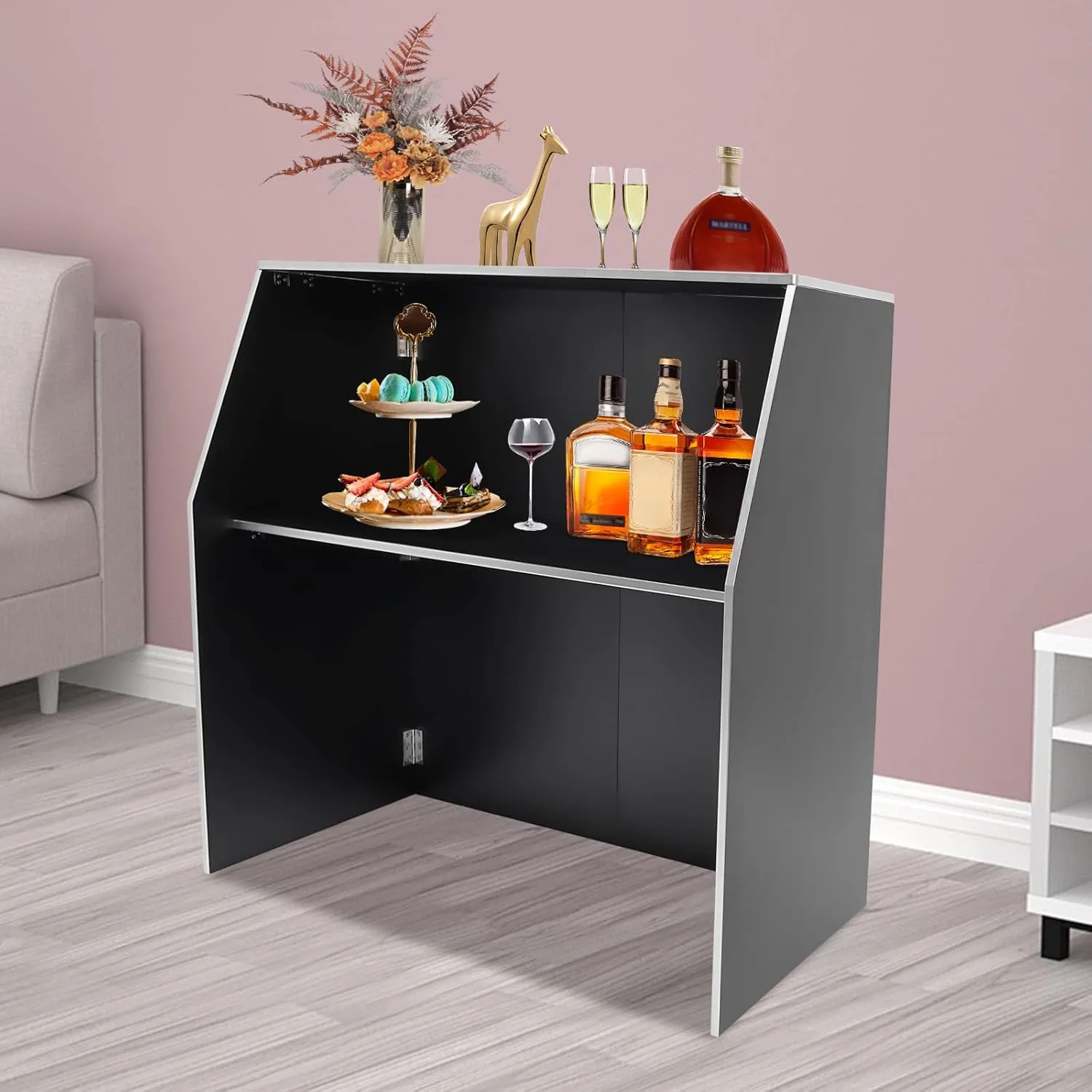 Portable Folding Event Bar with Top & Middle Shelves – Mobile Foldable Bar Cabinet for Parties, Events, and Home Use, Black   Aluminum Edge   Laminate