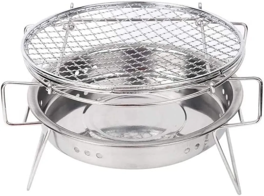 Portable Outdoor Stainless Steel Charcoal BBQ Grill, Round Foldable Barbecue Grill For Camping, Picnic, And Yard BBQ