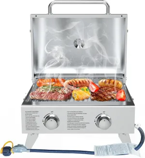 Portable Propane Gas Grill 2-Burner Tabletop with Foldable Legs for Outdoor Camping Cooking Two 10,000 BTU Burners Stainless Steel, and Built-in Thermometer Chef's Style