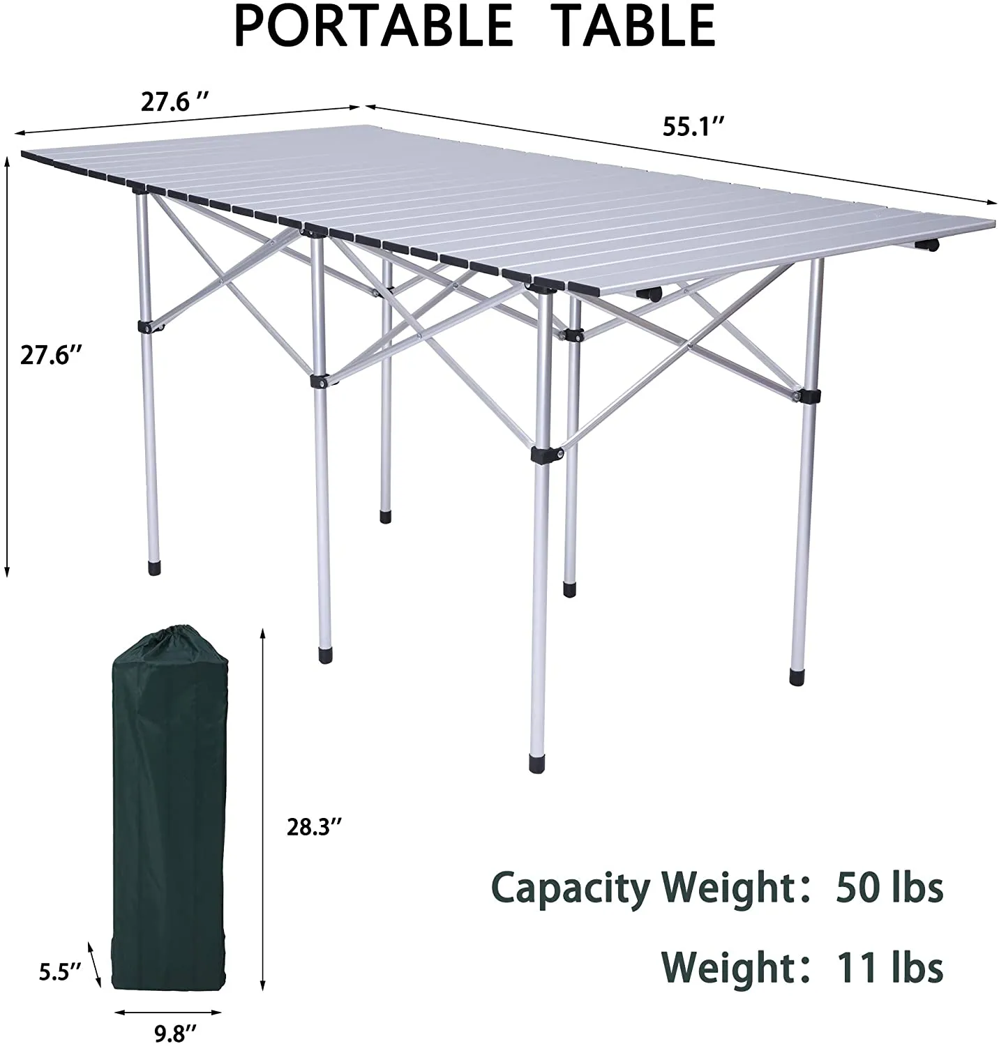 Portable Roll Up Gray Aluminum Folding Camping Table with Carrying Bag