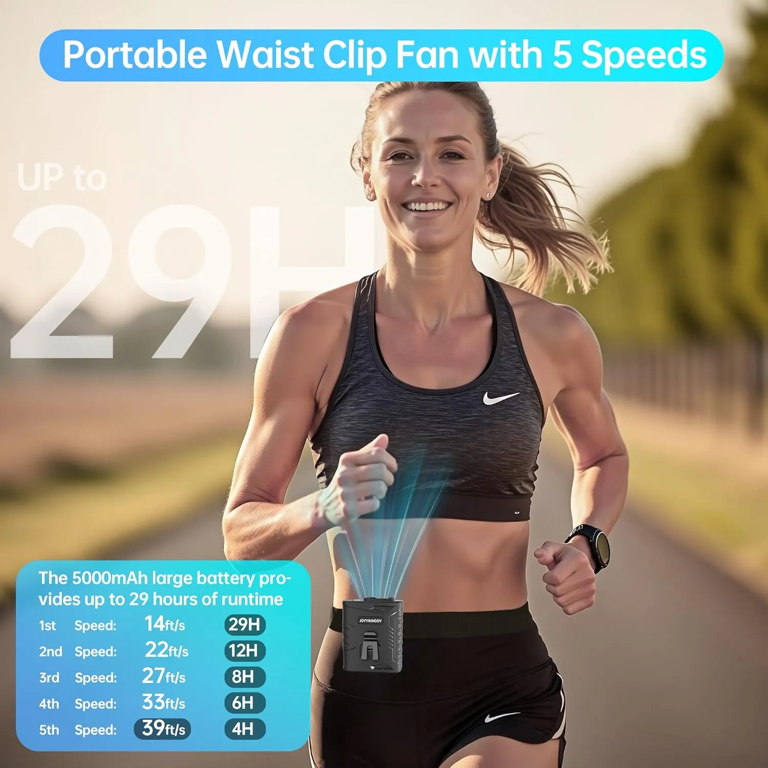 Portable Waist Fan - 5000mAh Upgraded Clip-On Wearable Belt Fan, 29H Runtime, 5 Speeds, 39ft/s Ultra Wind, LED/SOS Light & Heatstroke Prevention for Outdoor, Camping, Hiking