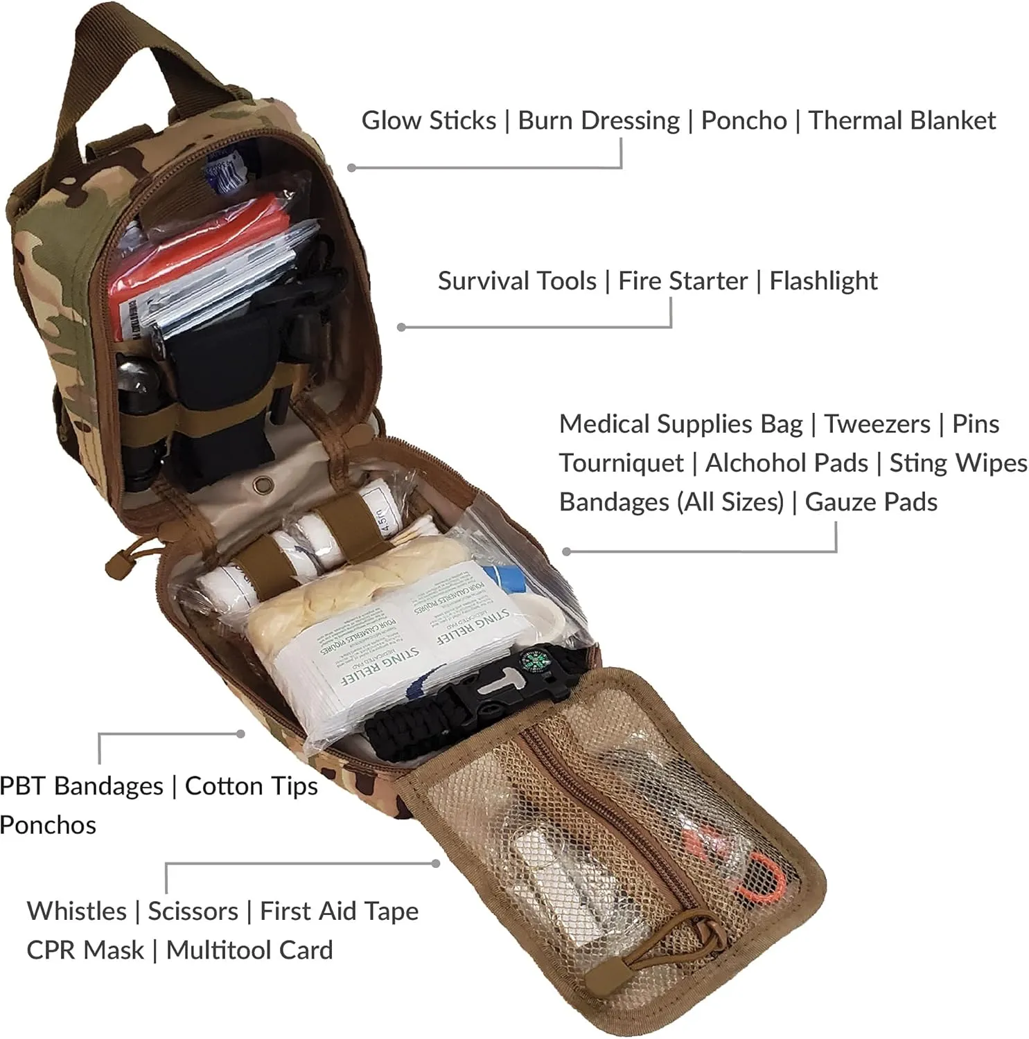 Premium 250 Piece Molle Survival & First Aid Kit - Outdoor Emergency Gear & Trauma Bag for Camping Hiking Hunting Car Cabin and Other Adventures