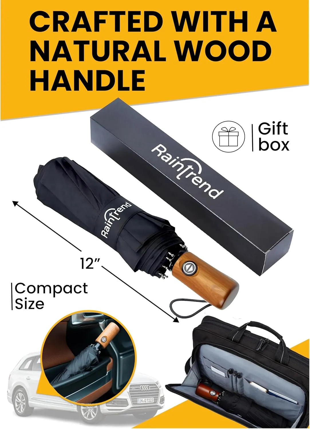 Premium Umbrellas for Rain Windproof Travel Automatic Open Close Large Canopy with Compact Folding Strong Lightweight Portable Umbrella for Car Backpack, Womens & Mens Umbrella - Black