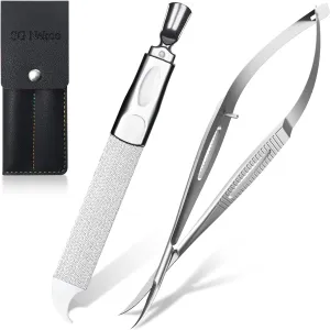 Professional Cuticle Scissors Kit, Extra Fine Curved Pointed Tip Trimmer, Stainless Steel Dual Sided Nail File with Cuticle Pusher and Nail Cleaner