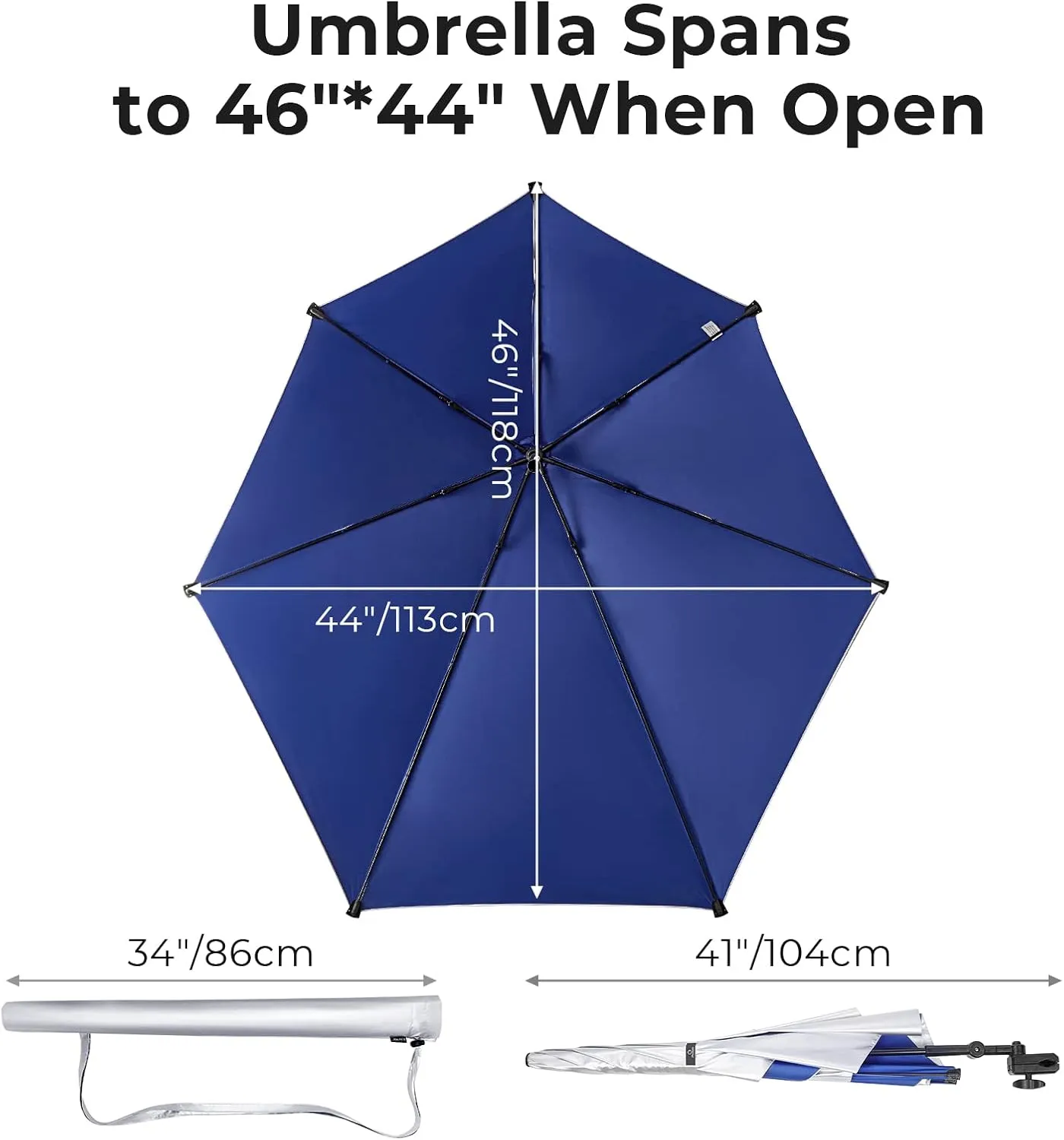 Prospo Adjustable Beach Umbrella with Universal Clamp, Portable UPF 50  UV Protection Umbrella for Chair, Wheelchair, Golf Cart, Stroller, Bleacher, Patio